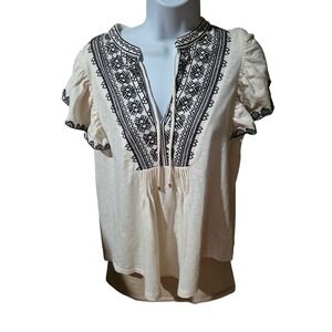 Lauren Ralph Lauren Womens Embroidered Tunic Top Ivory Petites Large Boho Aztec